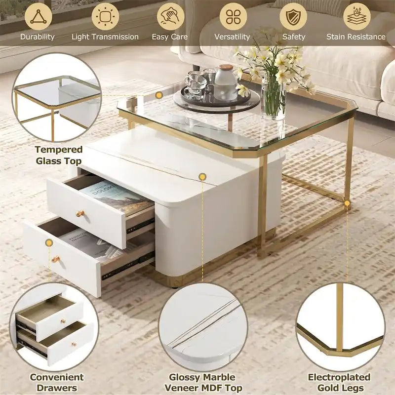 2 Pieces Nesting Coffee Table w/ Drawers & Electroplated Gold Legs