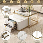 2 Pieces Nesting Coffee Table w/ Drawers & Electroplated Gold Legs