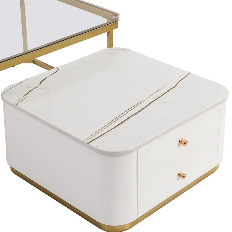 2 Pieces Nesting Coffee Table w/ Drawers & Electroplated Gold Legs