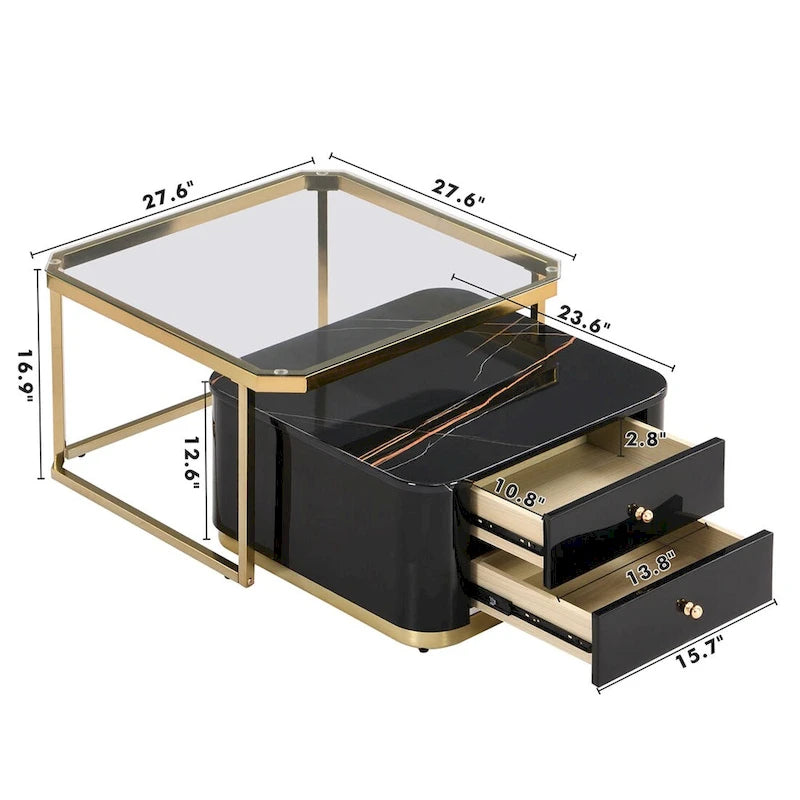 2 Pieces Nesting Coffee Table w/ Drawers & Electroplated Gold Legs
