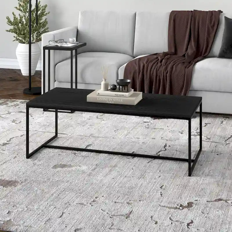 47" Rectangular Coffee Table – Black Grain / Antiqued Gray Oak / Alder White, Steel Frame, 1-Piece
