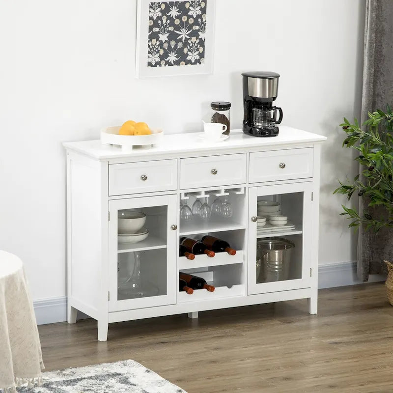 Coffee Bar Cabinet with 3 Drawers, Wine Rack, Stemware Racks & Glass Door