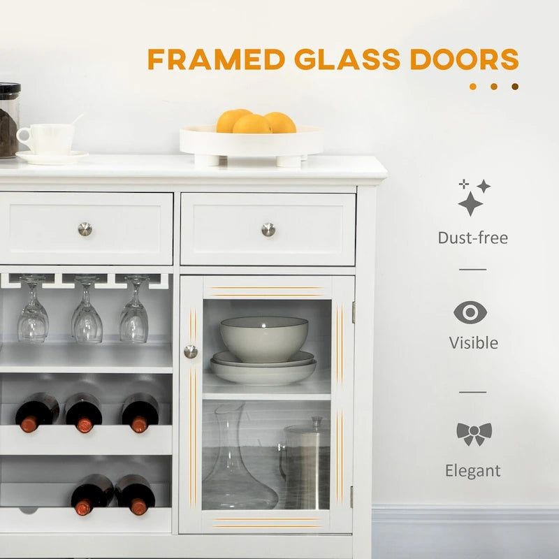 Coffee Bar Cabinet with 3 Drawers, Wine Rack, Stemware Racks & Glass Door