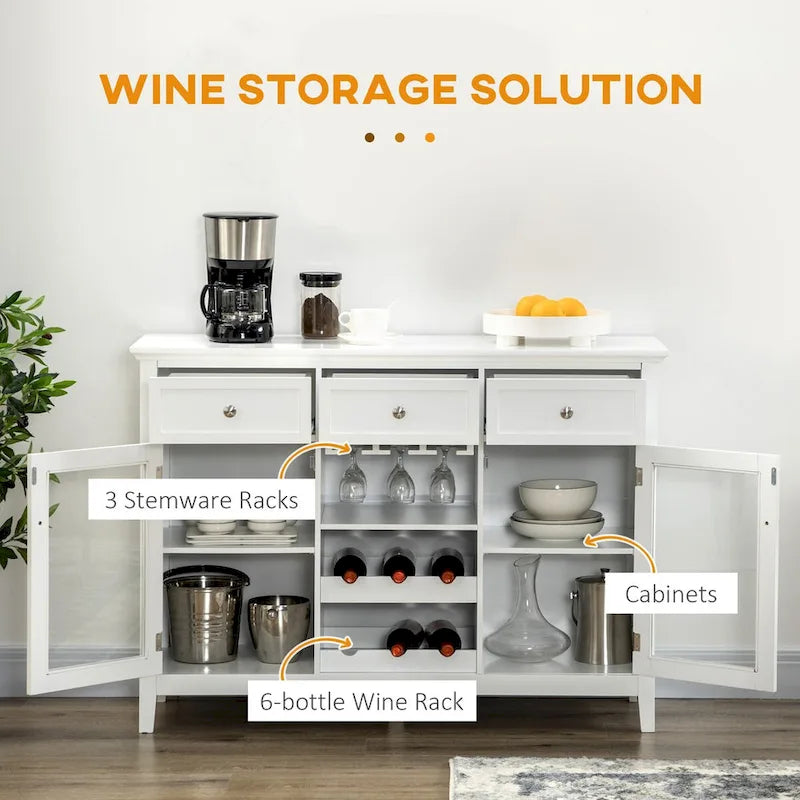 Coffee Bar Cabinet with 3 Drawers, Wine Rack, Stemware Racks & Glass Door