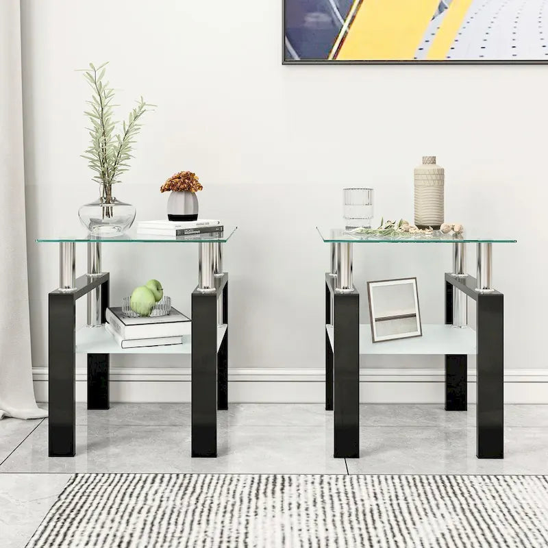 Set of 2, Modern Tempered Glass Tea Table Coffee Table End Table, Square Table for Living Room, Black