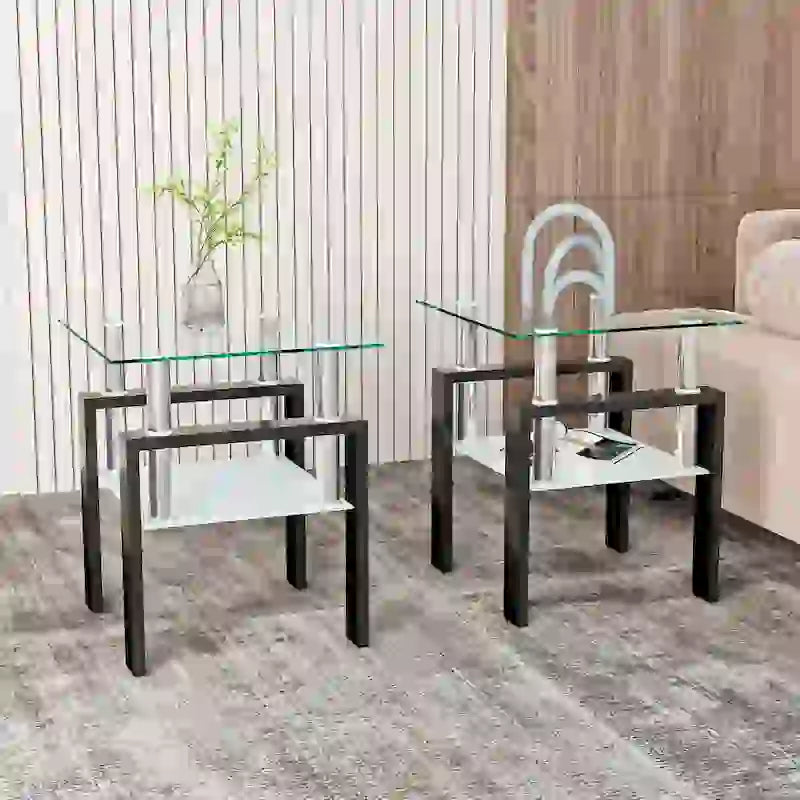Set of 2, Modern Tempered Glass Tea Table Coffee Table End Table, Square Table for Living Room, Black