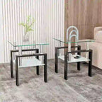 Set of 2, Modern Tempered Glass Tea Table Coffee Table End Table, Square Table for Living Room, Black
