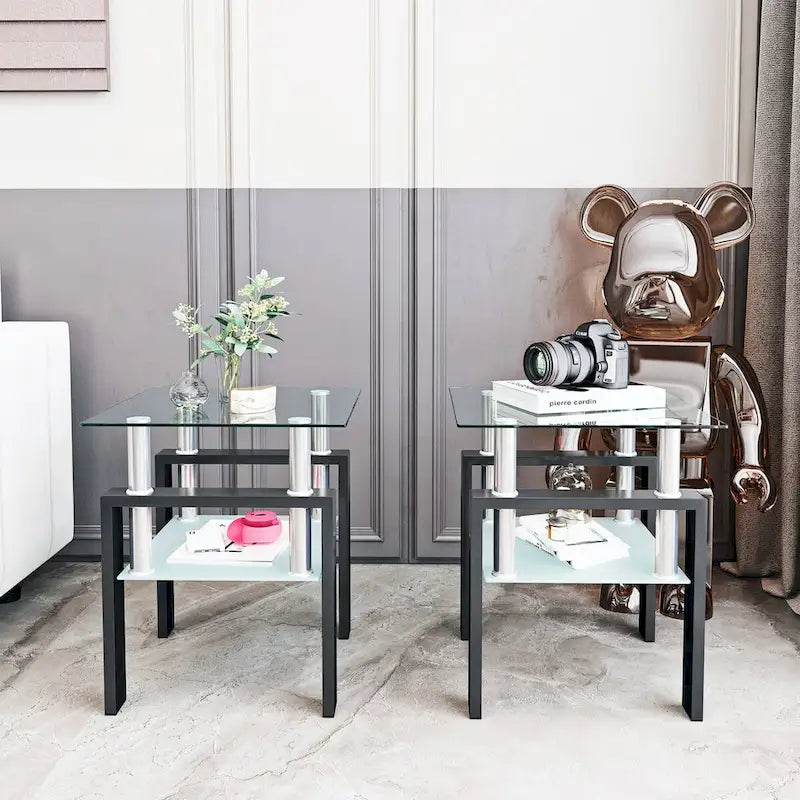 Set of 2, Modern Tempered Glass Tea Table Coffee Table End Table, Square Table for Living Room, Black
