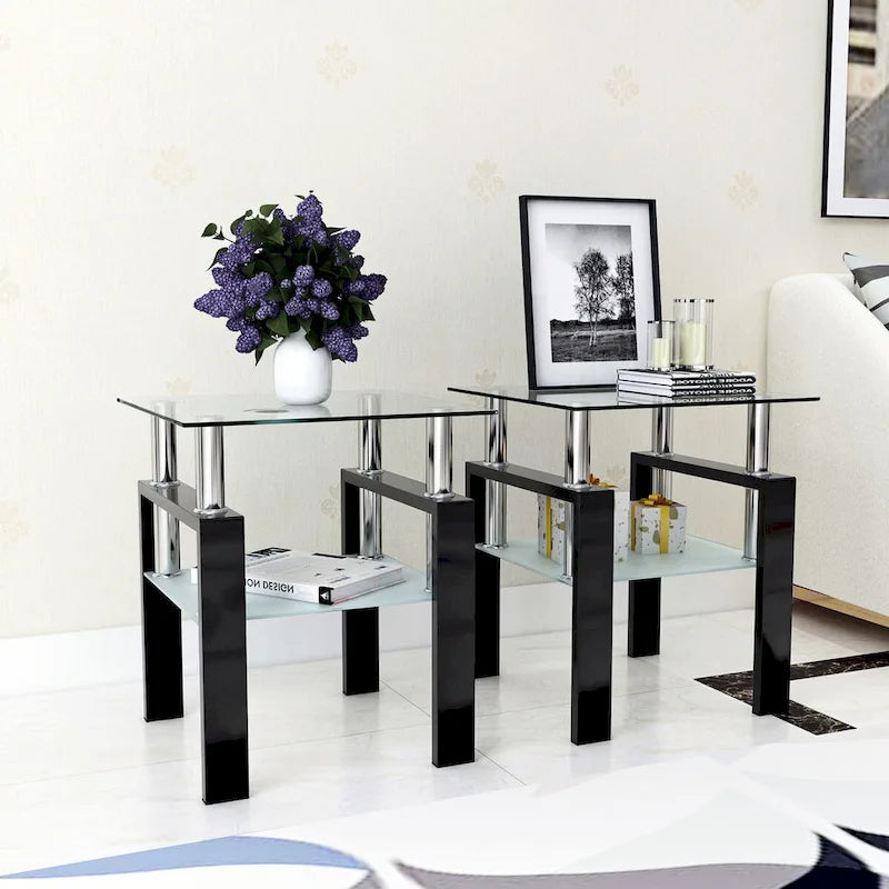 Set of 2, Modern Tempered Glass Tea Table Coffee Table End Table, Square Table for Living Room, Black