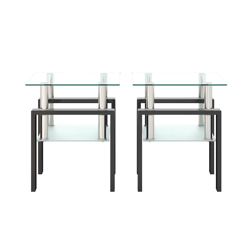 Set of 2, Modern Tempered Glass Tea Table Coffee Table End Table, Square Table for Living Room, Black