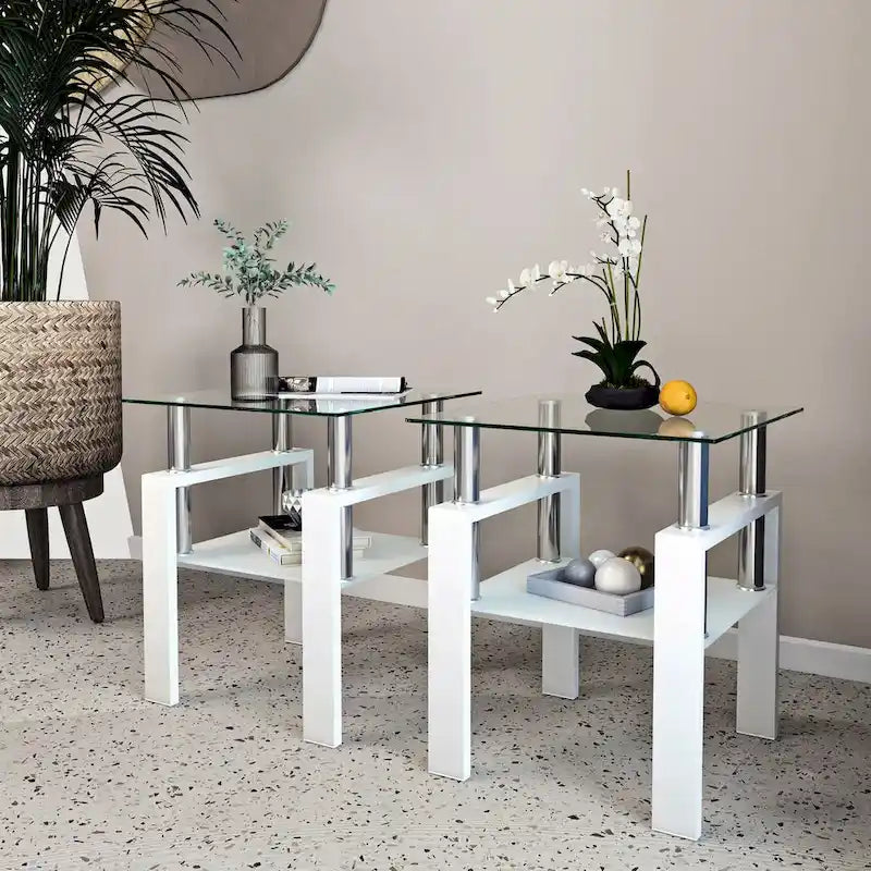 Set of 2, Modern Tempered Glass Tea Table Coffee Table End Table, Square Table for Living Room, Black