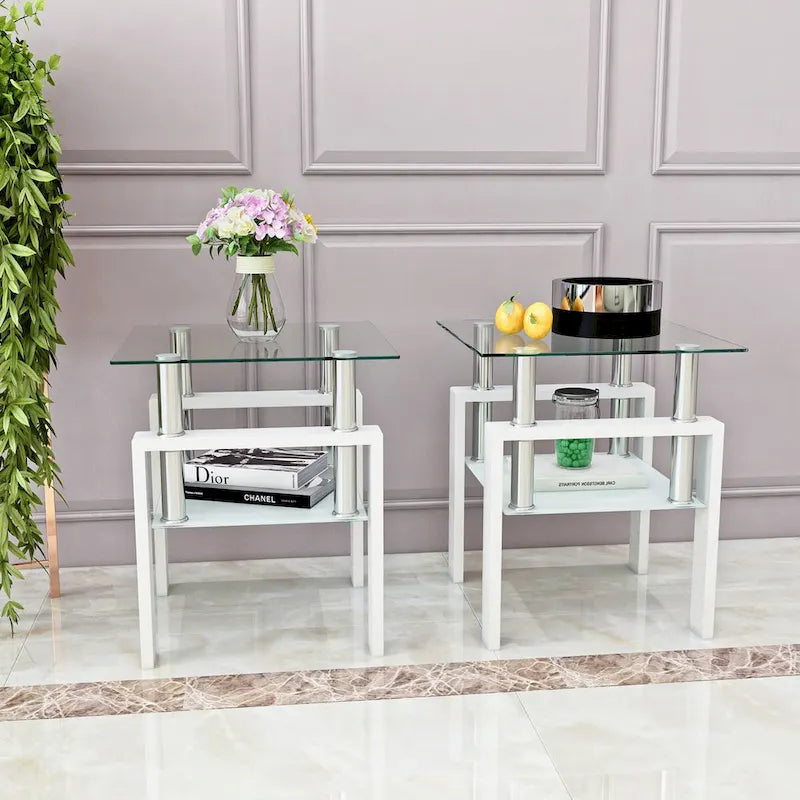 Set of 2, Modern Tempered Glass Tea Table Coffee Table End Table, Square Table for Living Room, Black