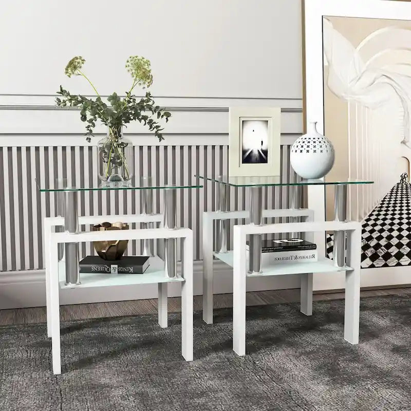 Set of 2, Modern Tempered Glass Tea Table Coffee Table End Table, Square Table for Living Room, Black