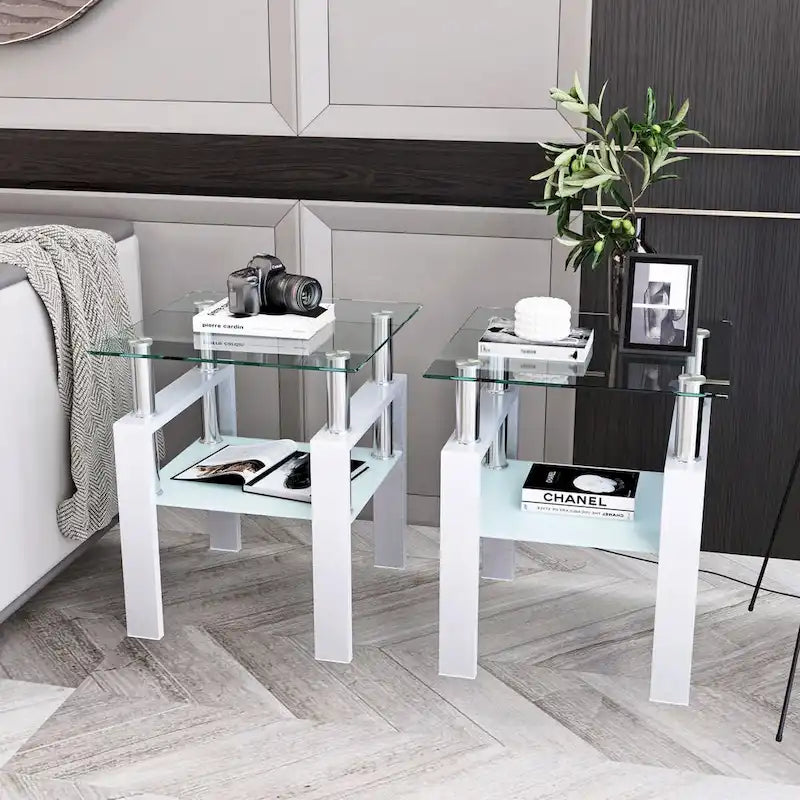 Set of 2, Modern Tempered Glass Tea Table Coffee Table End Table, Square Table for Living Room, Black