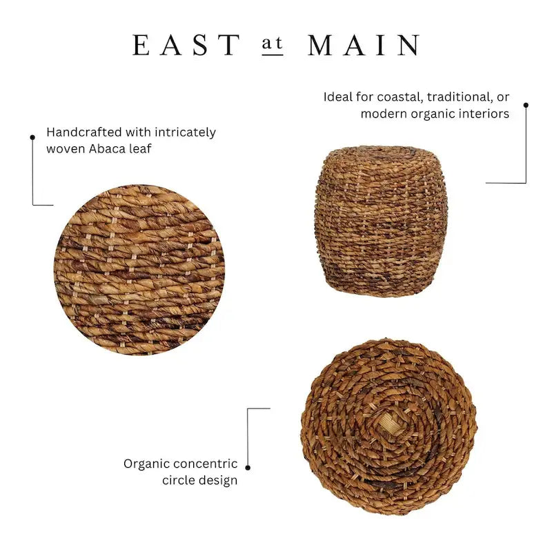 Woven Abaca Drum Accent Table – Natural Brown, Boho & Beach Style, 19"
