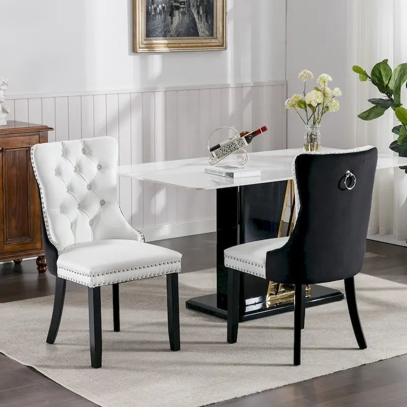 Set of 2 PU & Velvet Upholstered Dining Chairs – Nailhead Trim, Solid Wood Legs