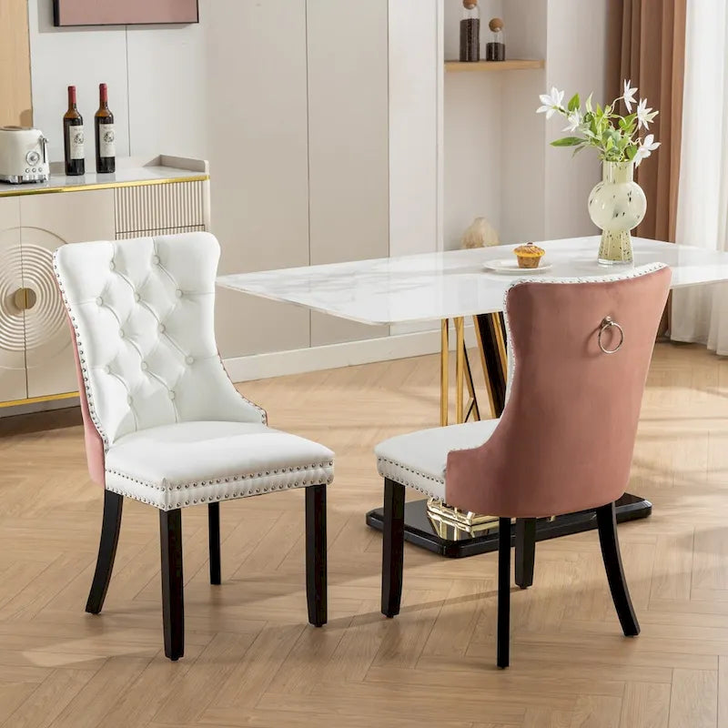Set of 2 PU and Velvet Upholstered Dining Chairs with Nailhead Trim and Wooden Legs