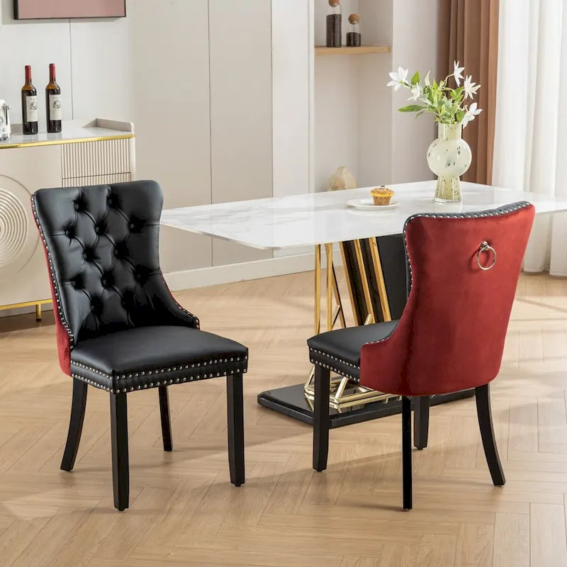 Set of 2 PU & Velvet Upholstered Dining Chairs – Nailhead Trim, Solid Wood Legs