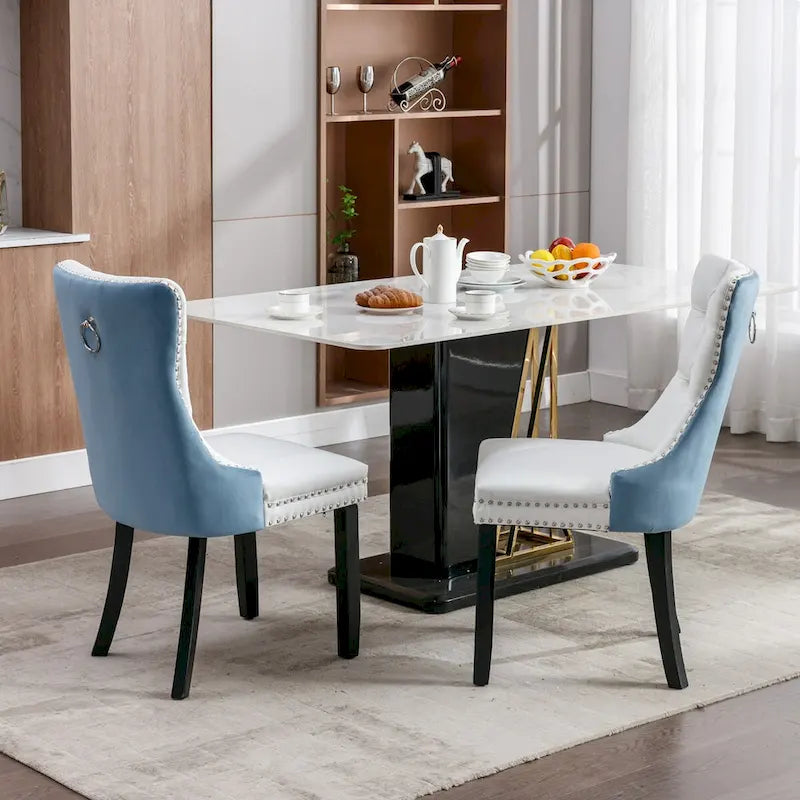 Set of 2 PU & Velvet Upholstered Dining Chairs – Nailhead Trim, Solid Wood Legs