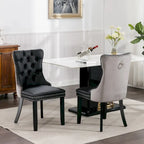 Set of 2 PU & Velvet Upholstered Dining Chairs – Nailhead Trim, Solid Wood Legs