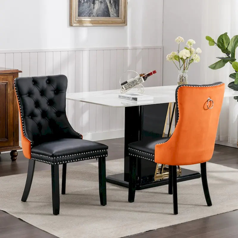 Set of 2 PU & Velvet Upholstered Dining Chairs – Nailhead Trim, Solid Wood Legs