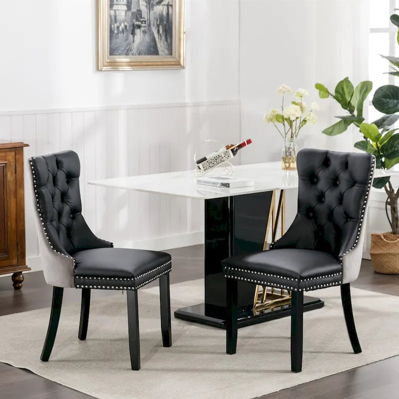 Set of 2 PU & Velvet Upholstered Dining Chairs – Nailhead Trim, Solid Wood Legs