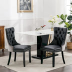 Set of 2 PU & Velvet Upholstered Dining Chairs – Nailhead Trim, Solid Wood Legs