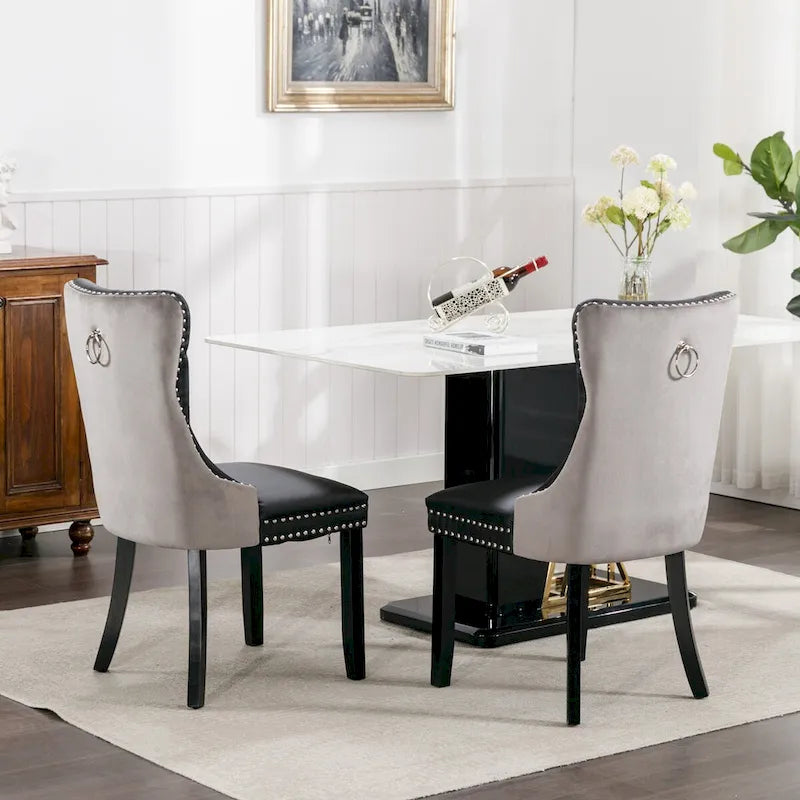 Set of 2 PU & Velvet Upholstered Dining Chairs – Nailhead Trim, Solid Wood Legs
