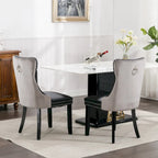 Set of 2 PU & Velvet Upholstered Dining Chairs – Nailhead Trim, Solid Wood Legs