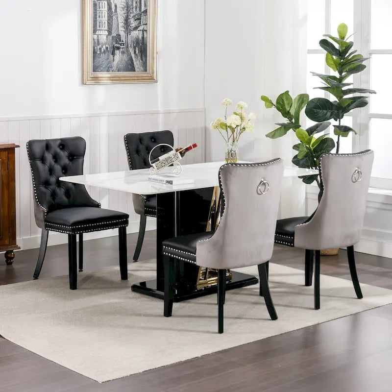 Set of 2 PU & Velvet Upholstered Dining Chairs – Nailhead Trim, Solid Wood Legs