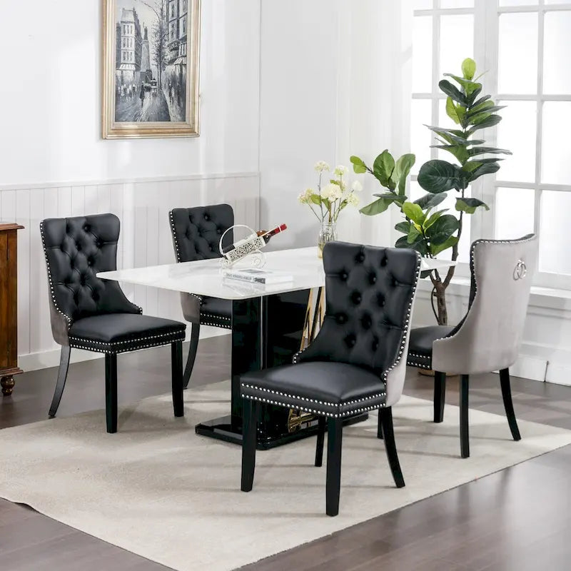 Set of 2 PU & Velvet Upholstered Dining Chairs – Nailhead Trim, Solid Wood Legs