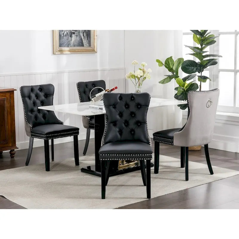 Set of 2 PU & Velvet Upholstered Dining Chairs – Nailhead Trim, Solid Wood Legs