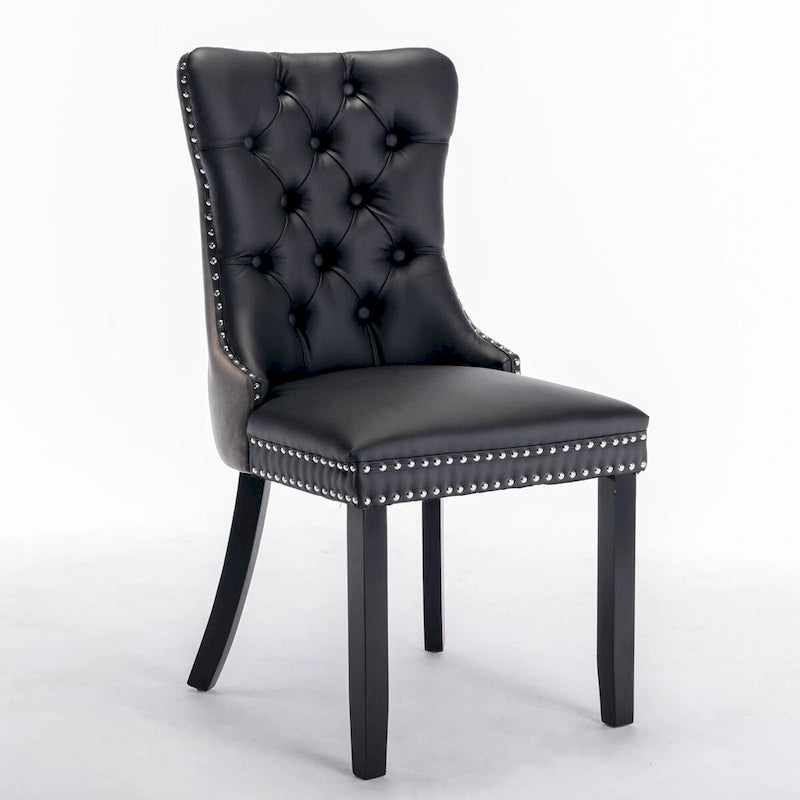 Set of 2 PU & Velvet Upholstered Dining Chairs – Nailhead Trim, Solid Wood Legs