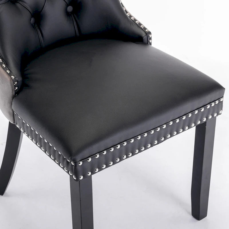 Set of 2 PU & Velvet Upholstered Dining Chairs – Nailhead Trim, Solid Wood Legs