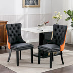 Set of 2 PU & Velvet Upholstered Dining Chairs – Nailhead Trim, Solid Wood Legs