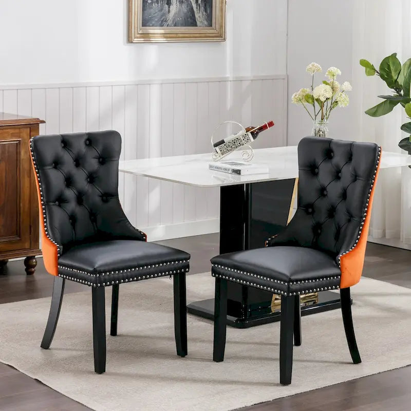Set of 2 PU & Velvet Upholstered Dining Chairs – Nailhead Trim, Solid Wood Legs
