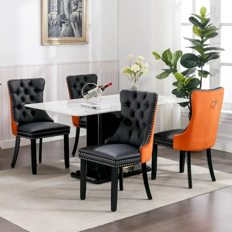 Set of 2 PU & Velvet Upholstered Dining Chairs – Nailhead Trim, Solid Wood Legs