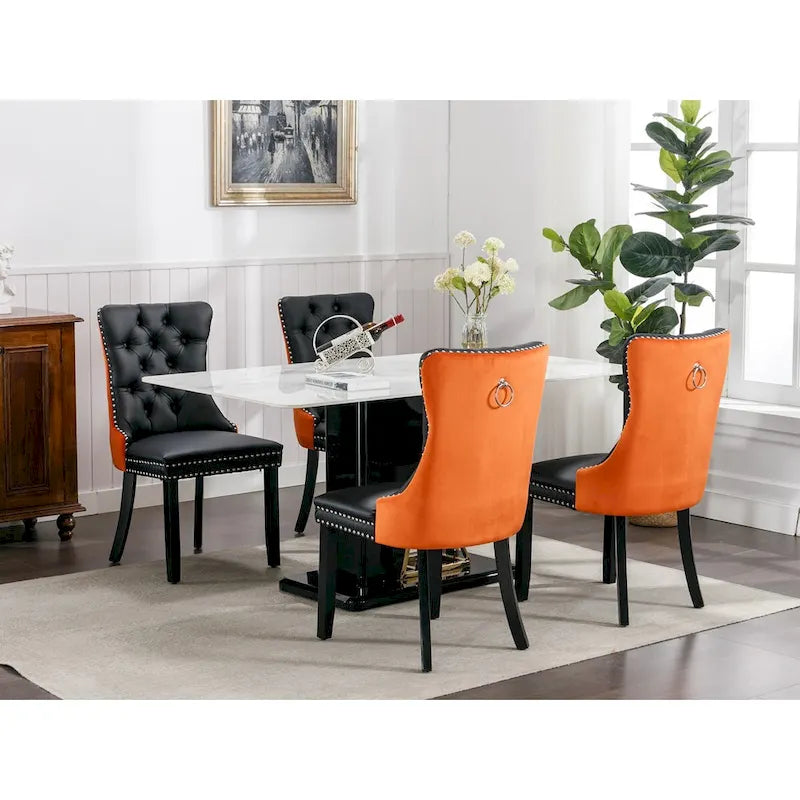 Set of 2 PU & Velvet Upholstered Dining Chairs – Nailhead Trim, Solid Wood Legs