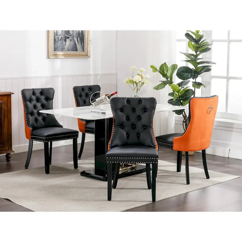 Set of 2 PU & Velvet Upholstered Dining Chairs – Nailhead Trim, Solid Wood Legs