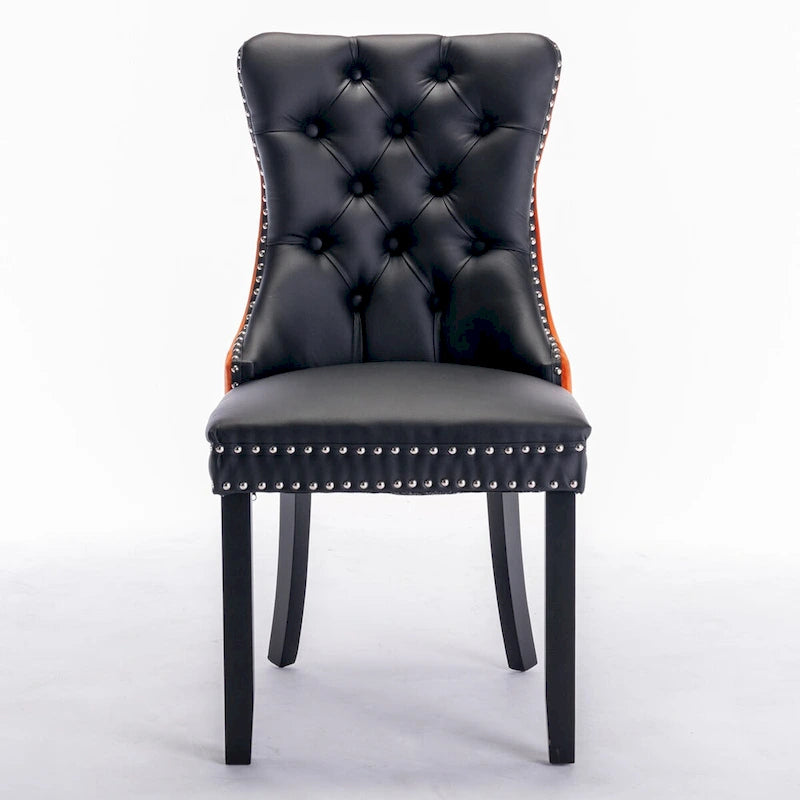 Set of 2 PU & Velvet Upholstered Dining Chairs – Nailhead Trim, Solid Wood Legs