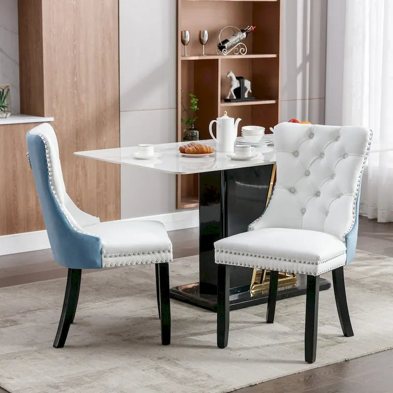 Set of 2 PU & Velvet Upholstered Dining Chairs – Nailhead Trim, Solid Wood Legs