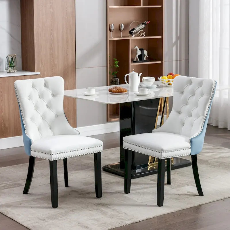 Set of 2 PU & Velvet Upholstered Dining Chairs – Nailhead Trim, Solid Wood Legs