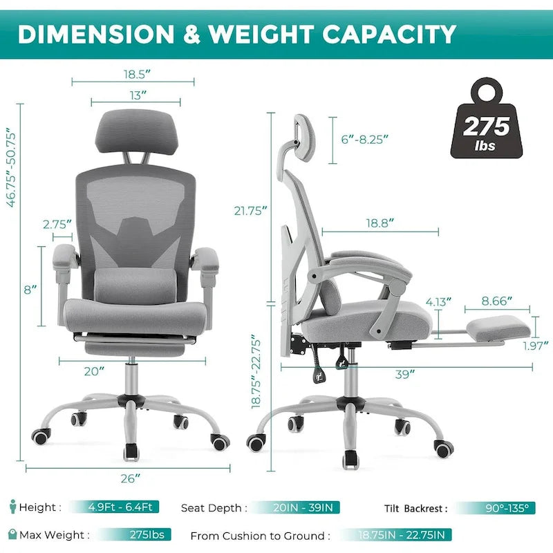 Home Office Desk Chair with Footrest, High-Back Mesh Rolling Swivel Reclining Chairs, Comfortable Headrest, Lumbar Support
