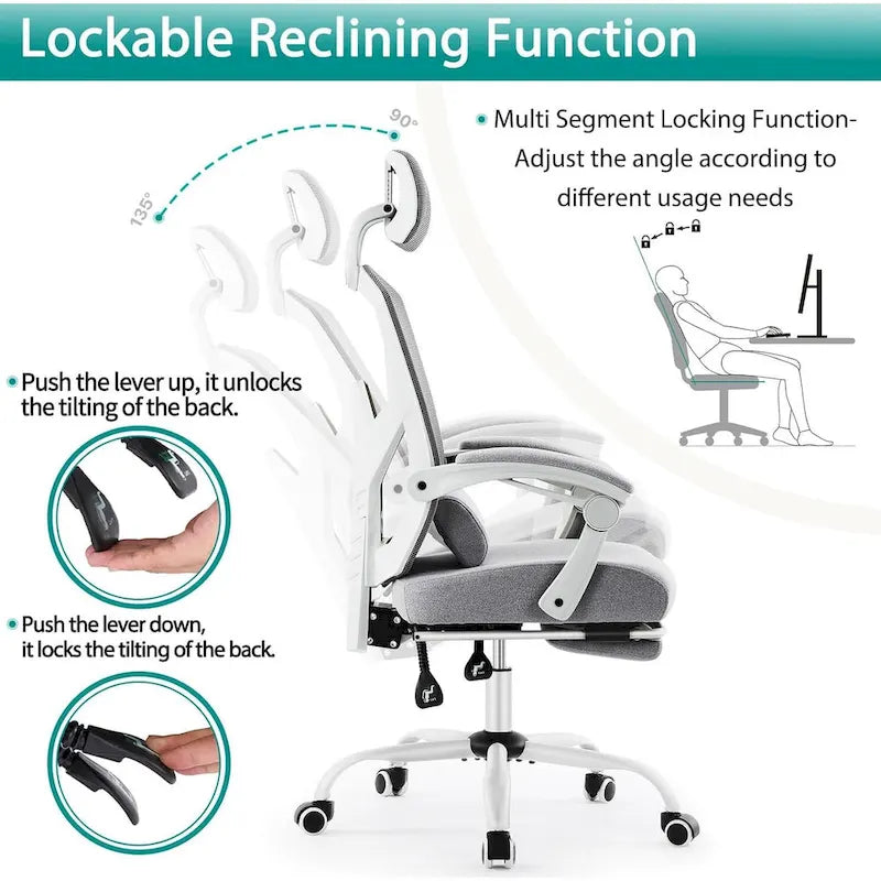 Home Office Desk Chair with Footrest, High-Back Mesh Rolling Swivel Reclining Chairs, Comfortable Headrest, Lumbar Support
