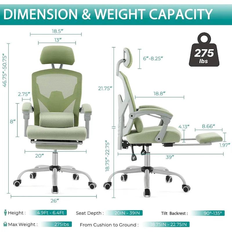 Home Office Desk Chair with Footrest, High-Back Mesh Rolling Swivel Reclining Chairs, Comfortable Headrest, Lumbar Support