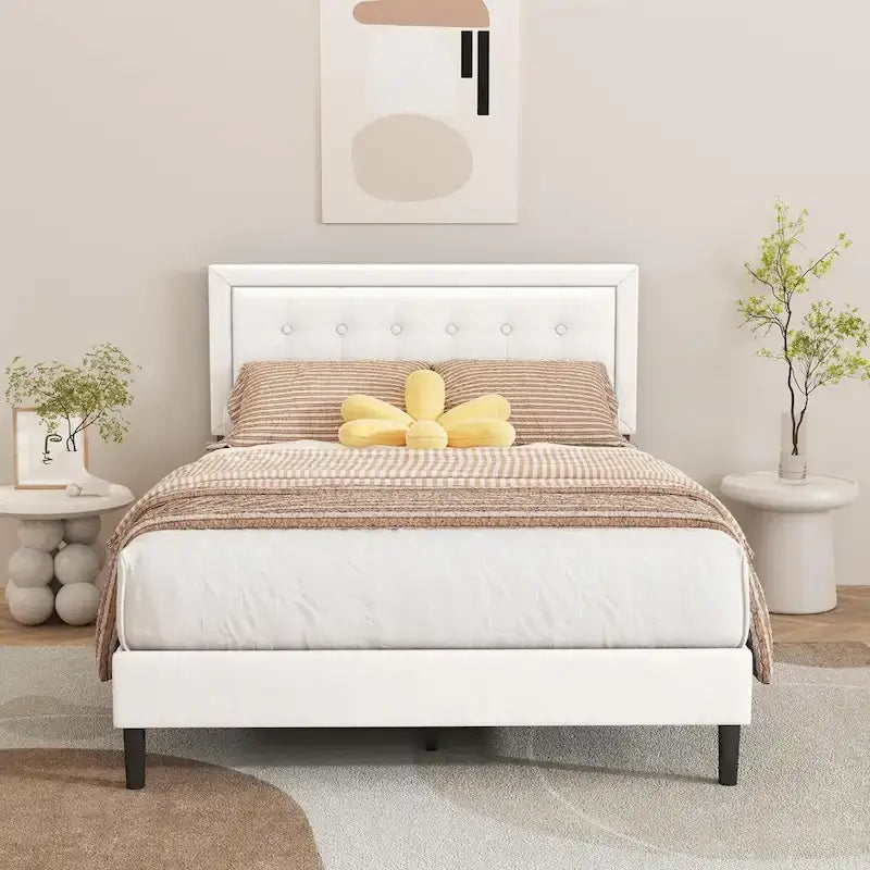 Upholstered Platform Bed Frame with Button-Tufted Headboard – No Box Spring
