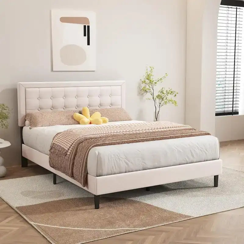Upholstered Platform Bed Frame with Button-Tufted Headboard – No Box Spring