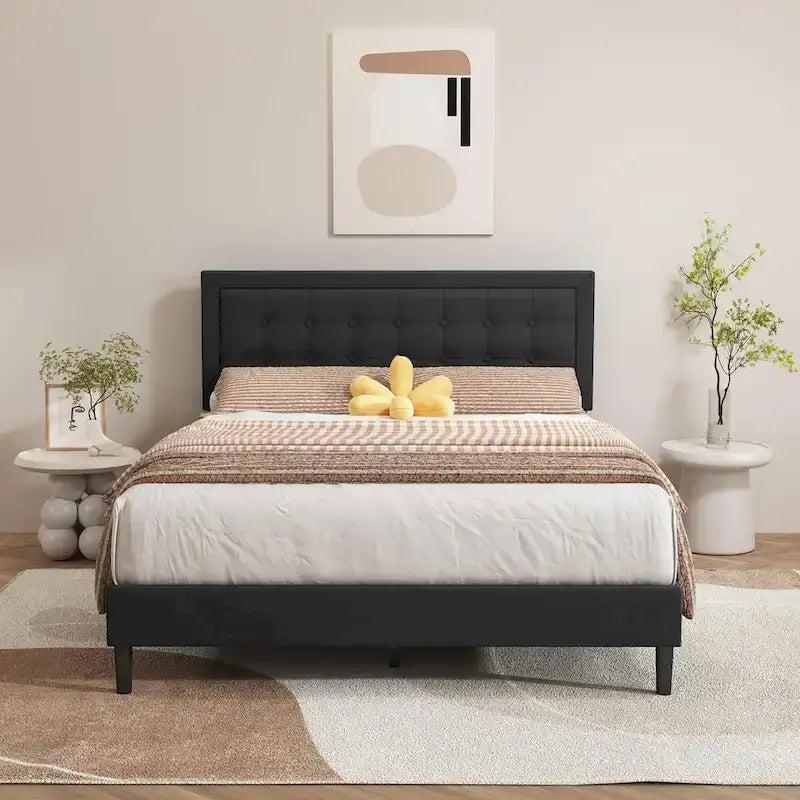 Upholstered Platform Bed Frame with Button-Tufted Headboard – No Box Spring
