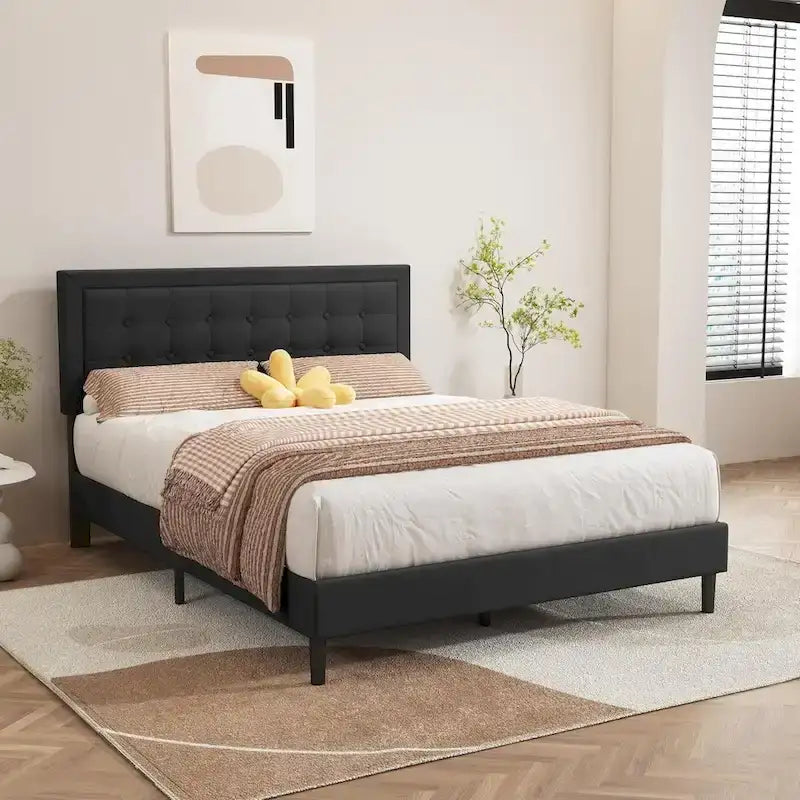 Upholstered Platform Bed Frame with Button-Tufted Headboard – No Box Spring