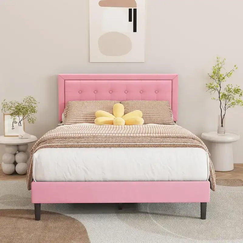 Upholstered Platform Bed Frame with Button-Tufted Headboard – No Box Spring